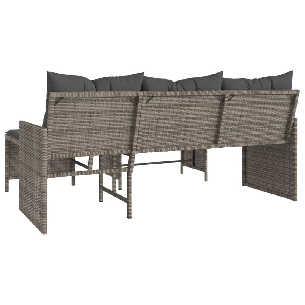 vidaXL Sofá de jardim forma de L c/ mesa e almofadões vime PE cinzento