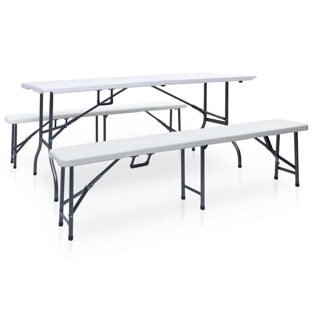 vidaXL Mesa de jardim dobrável com 2 bancos 180 cm aço e PEAD branco
