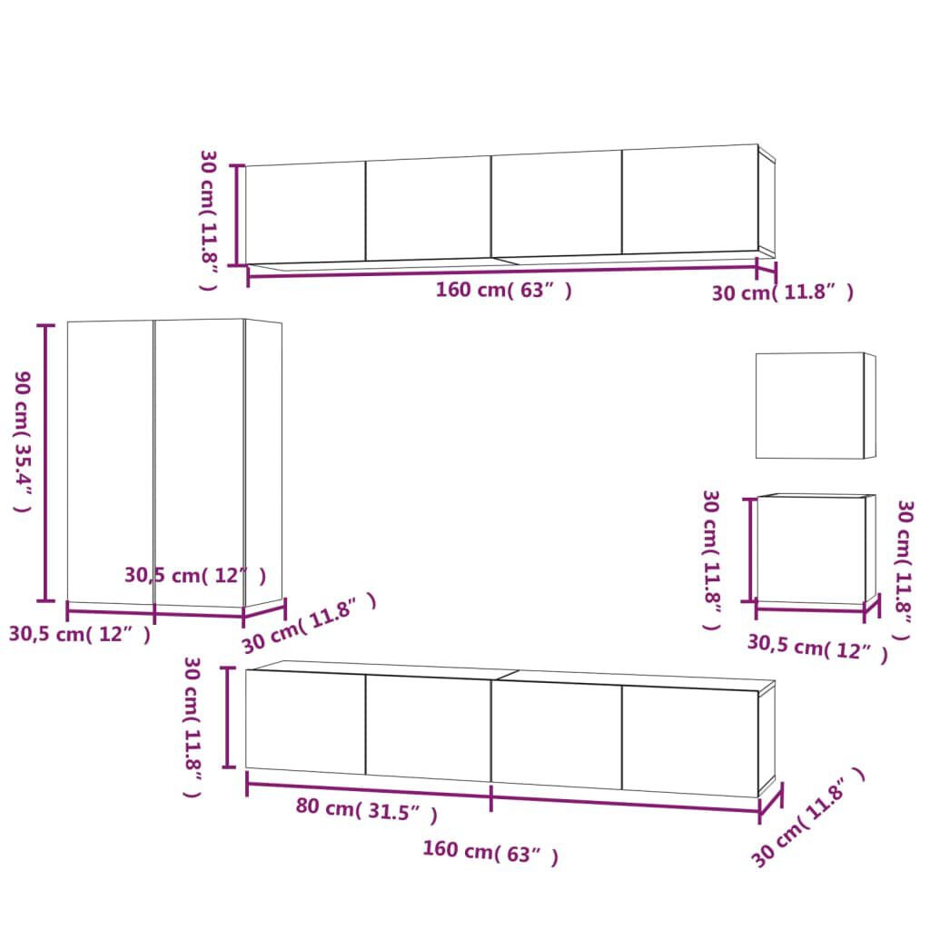 vidaXL Conjunto móveis de TV 8 pcs madeira processada branco