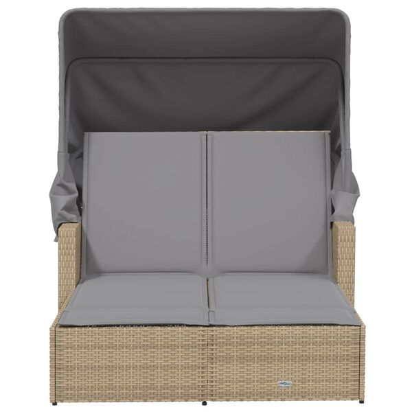 vidaXL Espreguiçadeira dupla c/ toldo/almofadões vime PE mistura beges